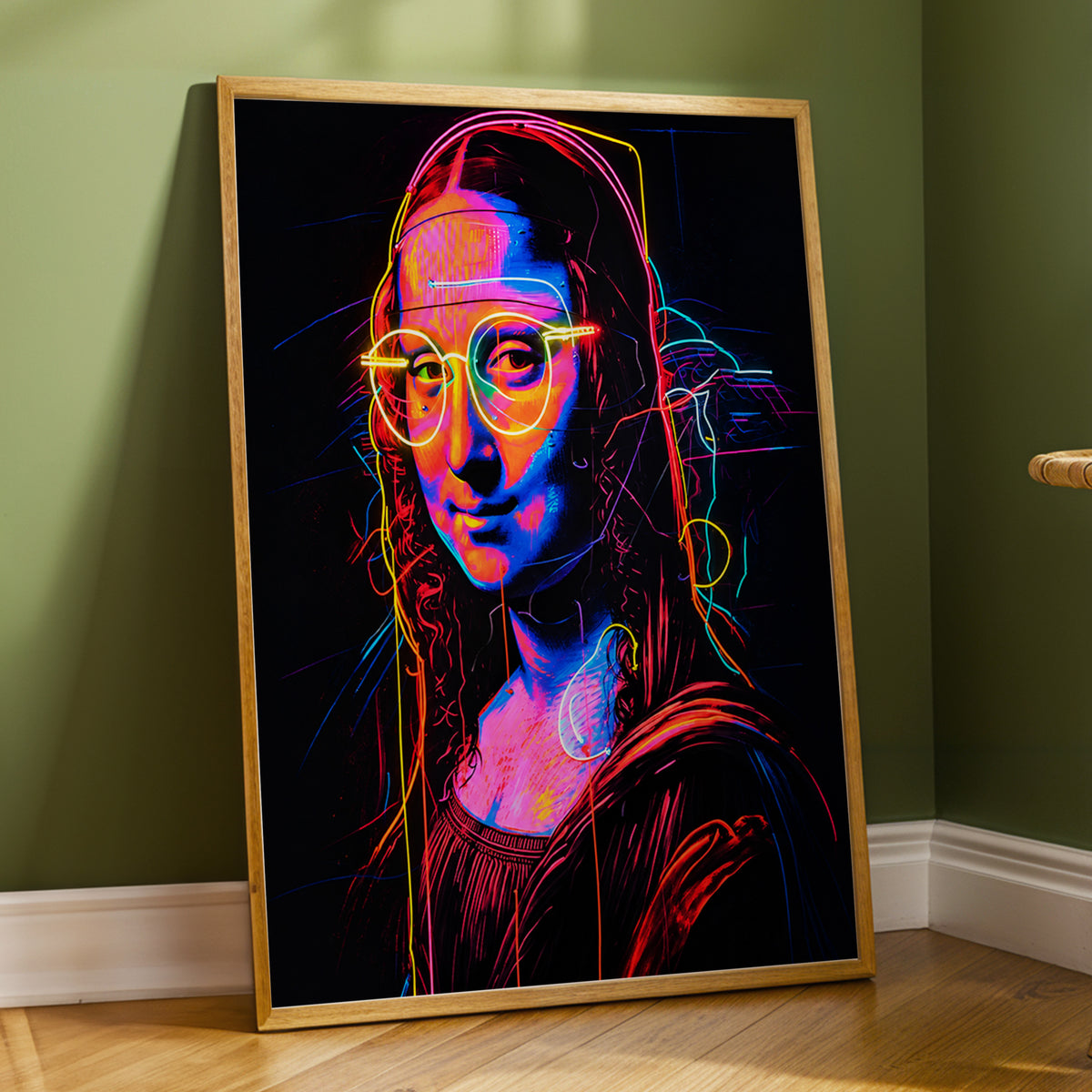 Neon Renaissance, black, pink, blue abstract wall art displayed in a styled interior, gallery view 5