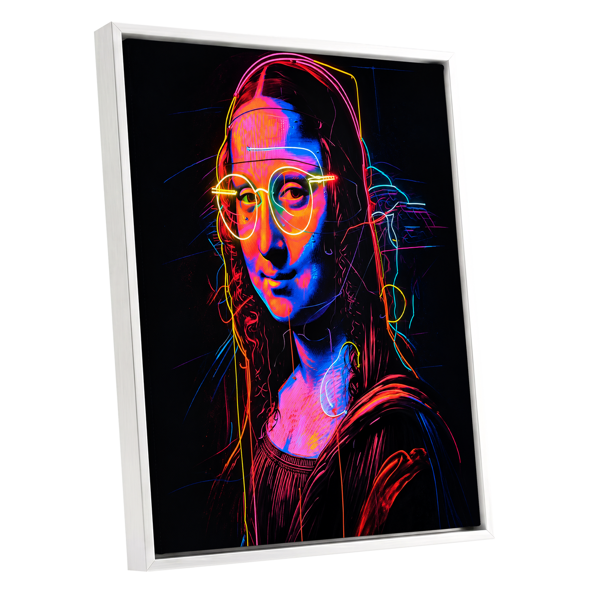 Neon Renaissance, black, pink, blue abstract wall art shown as a white framed canvas wall art