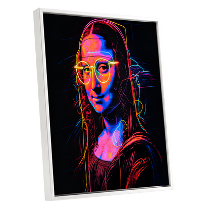 Neon Renaissance, black, pink, blue abstract wall art shown as a white framed canvas wall art