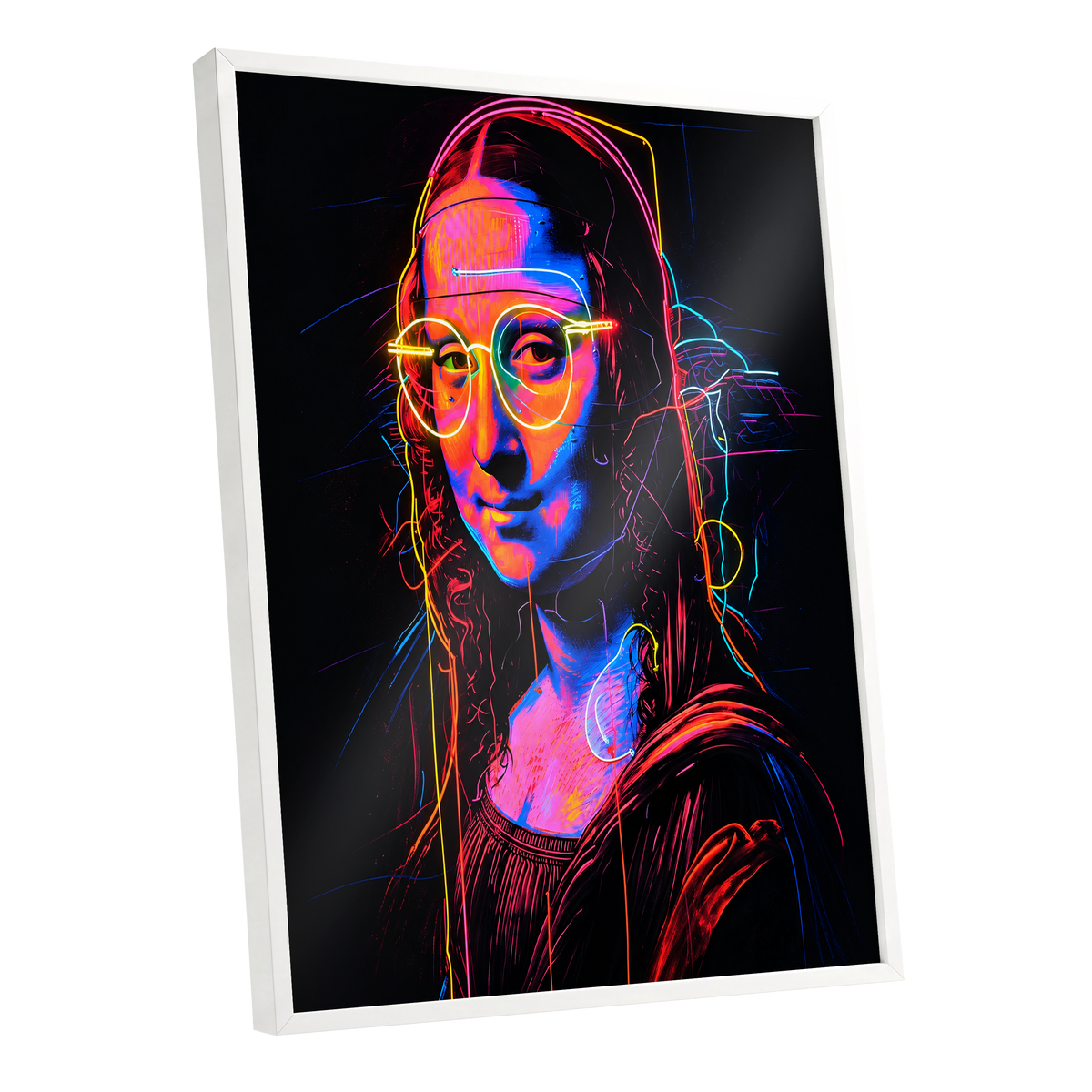 Neon Renaissance, black, pink, blue abstract wall art shown as a white framed poster wall art print