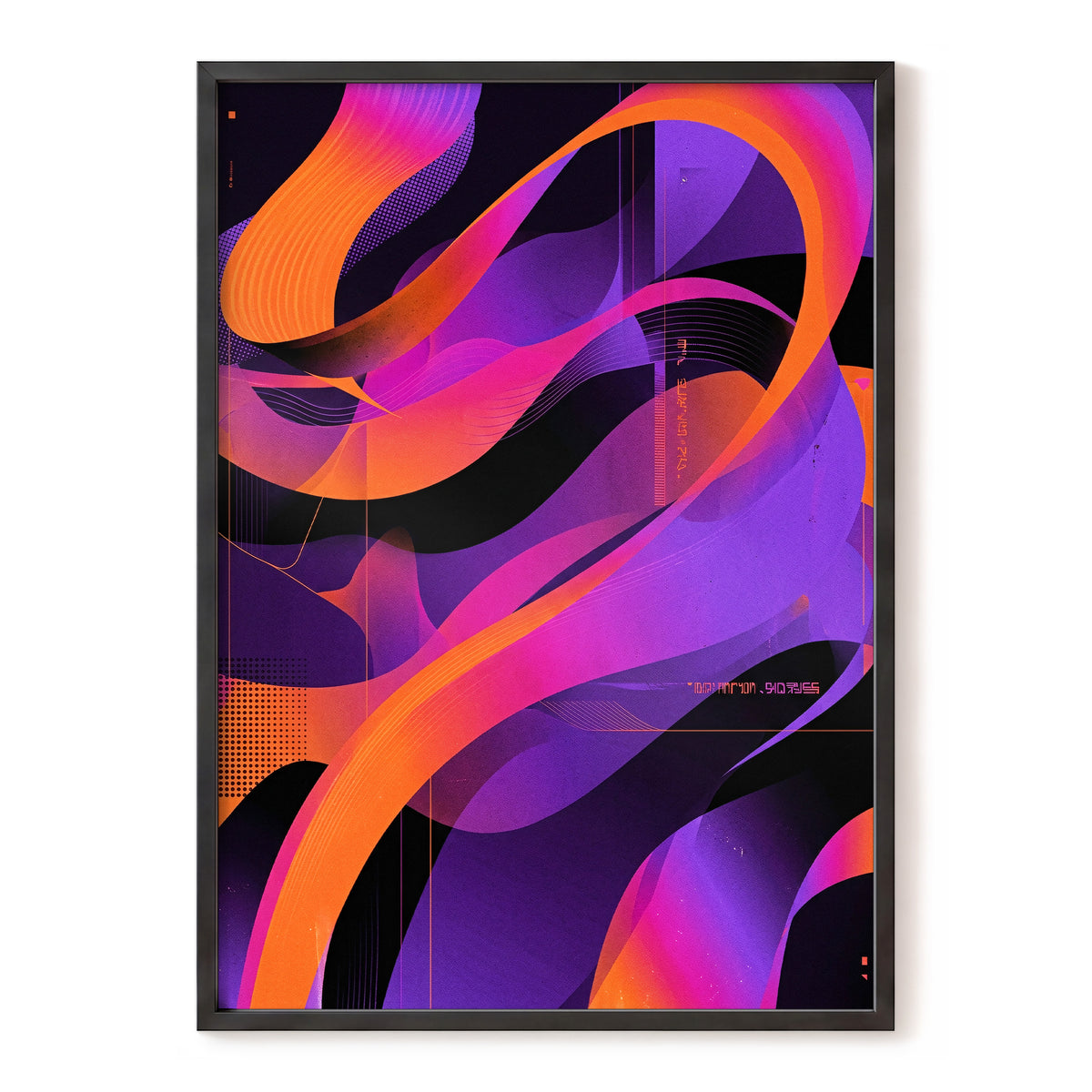 Neon Ribbon Drift, purple, orange, black abstract wall art, front artwork view