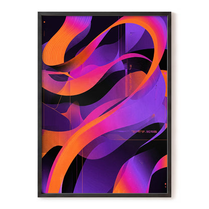 Neon Ribbon Drift, purple, orange, black abstract wall art, front artwork view