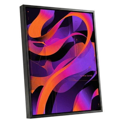 Neon Ribbon Drift, purple, orange, black abstract wall art shown as a black framed canvas wall art