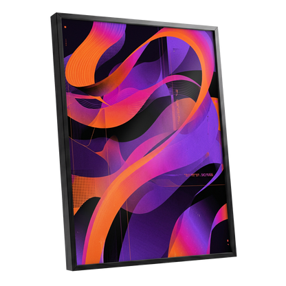 Neon Ribbon Drift, purple, orange, black abstract wall art shown as a black framed poster wall art print