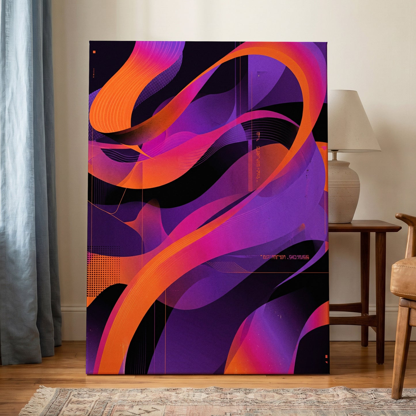 Neon Ribbon Drift, purple, orange, black abstract wall art on canvas displayed in a styled interior, gallery view 1