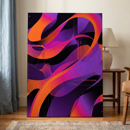 Neon Ribbon Drift, purple, orange, black abstract wall art on canvas displayed in a styled interior, gallery view 1