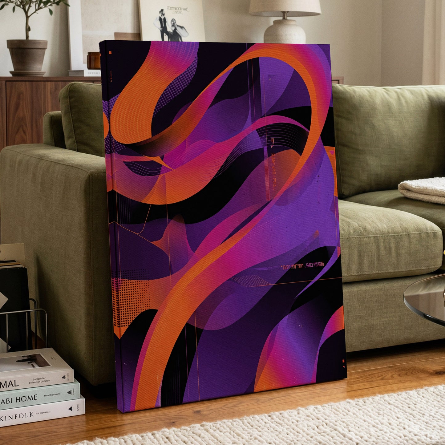 Neon Ribbon Drift, purple, orange, black abstract wall art on canvas displayed in a styled interior, gallery view 2
