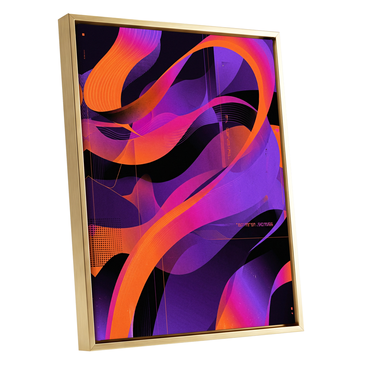 Neon Ribbon Drift, purple, orange, black abstract wall art shown as a gold framed canvas wall art