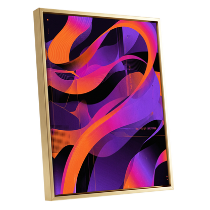 Neon Ribbon Drift, purple, orange, black abstract wall art shown as a gold framed canvas wall art