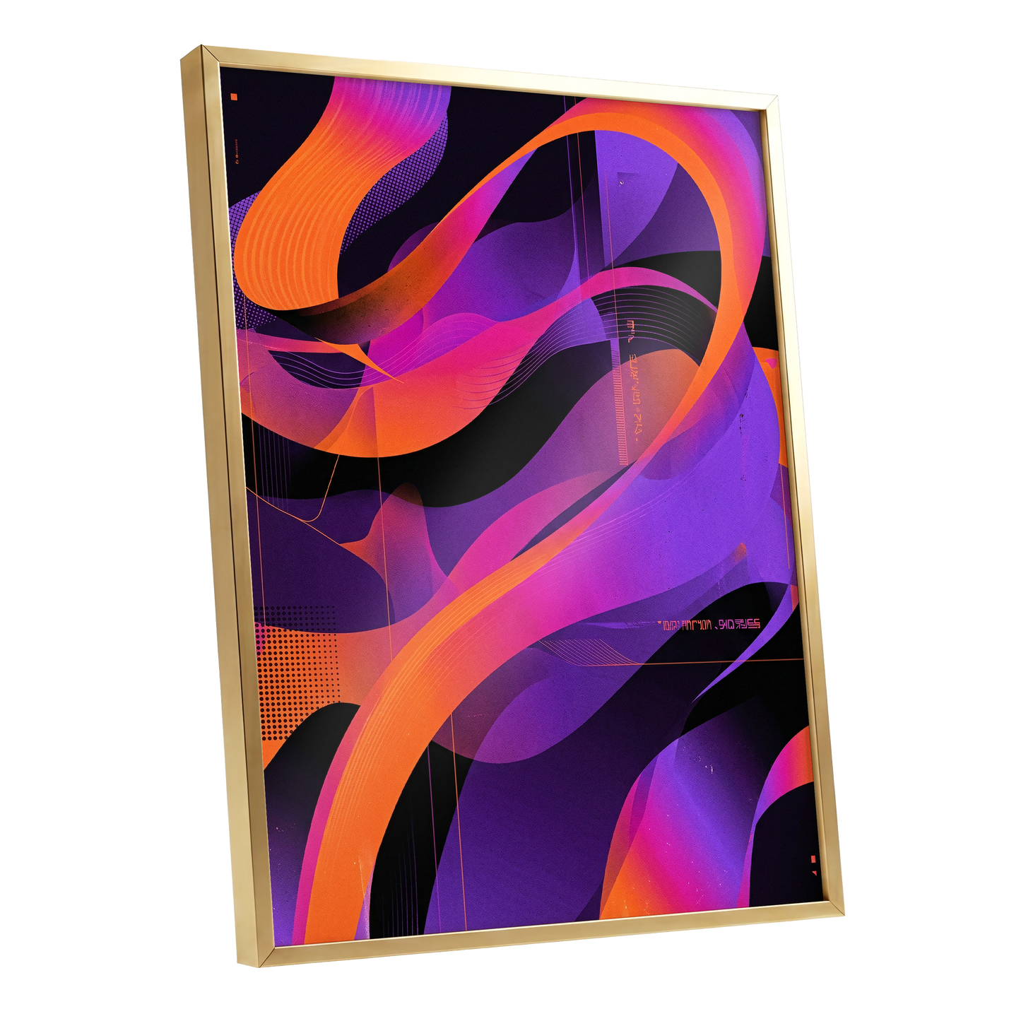 Neon Ribbon Drift, purple, orange, black abstract wall art shown as a gold framed poster wall art print