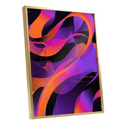 Neon Ribbon Drift, purple, orange, black abstract wall art shown as a gold framed poster wall art print