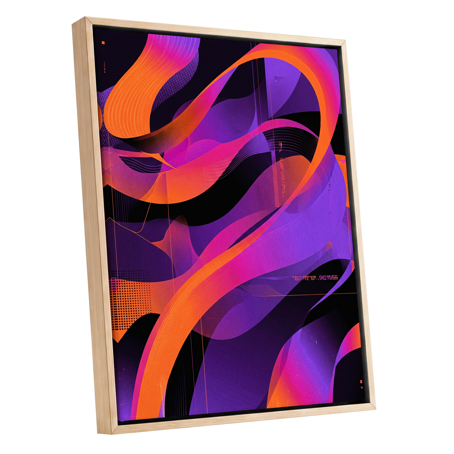 Neon Ribbon Drift, purple, orange, black abstract wall art shown as a oak framed canvas wall art