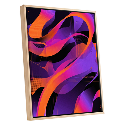 Neon Ribbon Drift, purple, orange, black abstract wall art shown as a oak framed canvas wall art