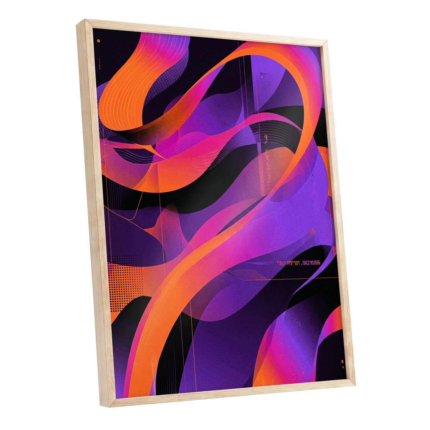 Neon Ribbon Drift, purple, orange, black abstract wall art shown as a oak framed poster wall art print
