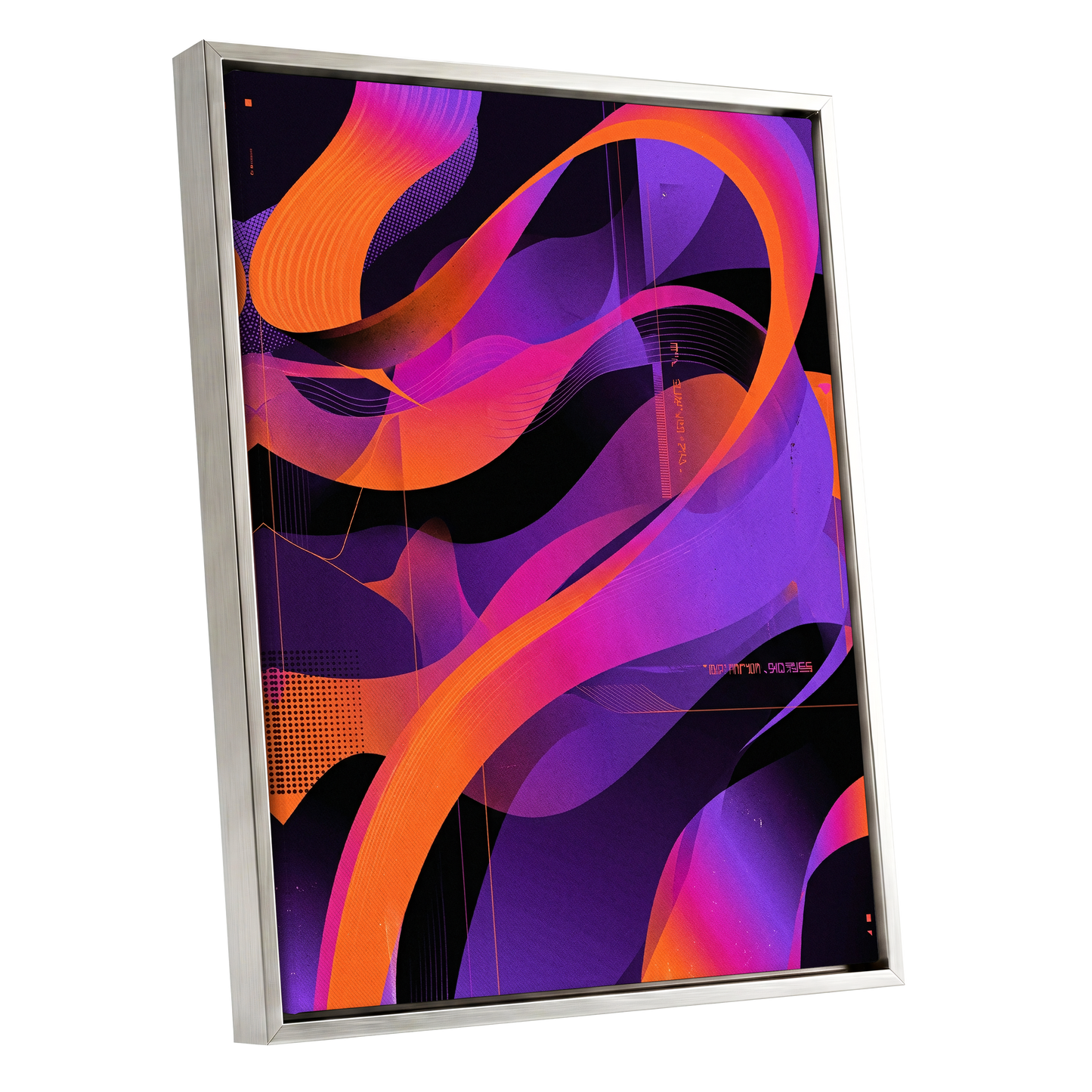 Neon Ribbon Drift, purple, orange, black abstract wall art shown as a silver framed canvas wall art