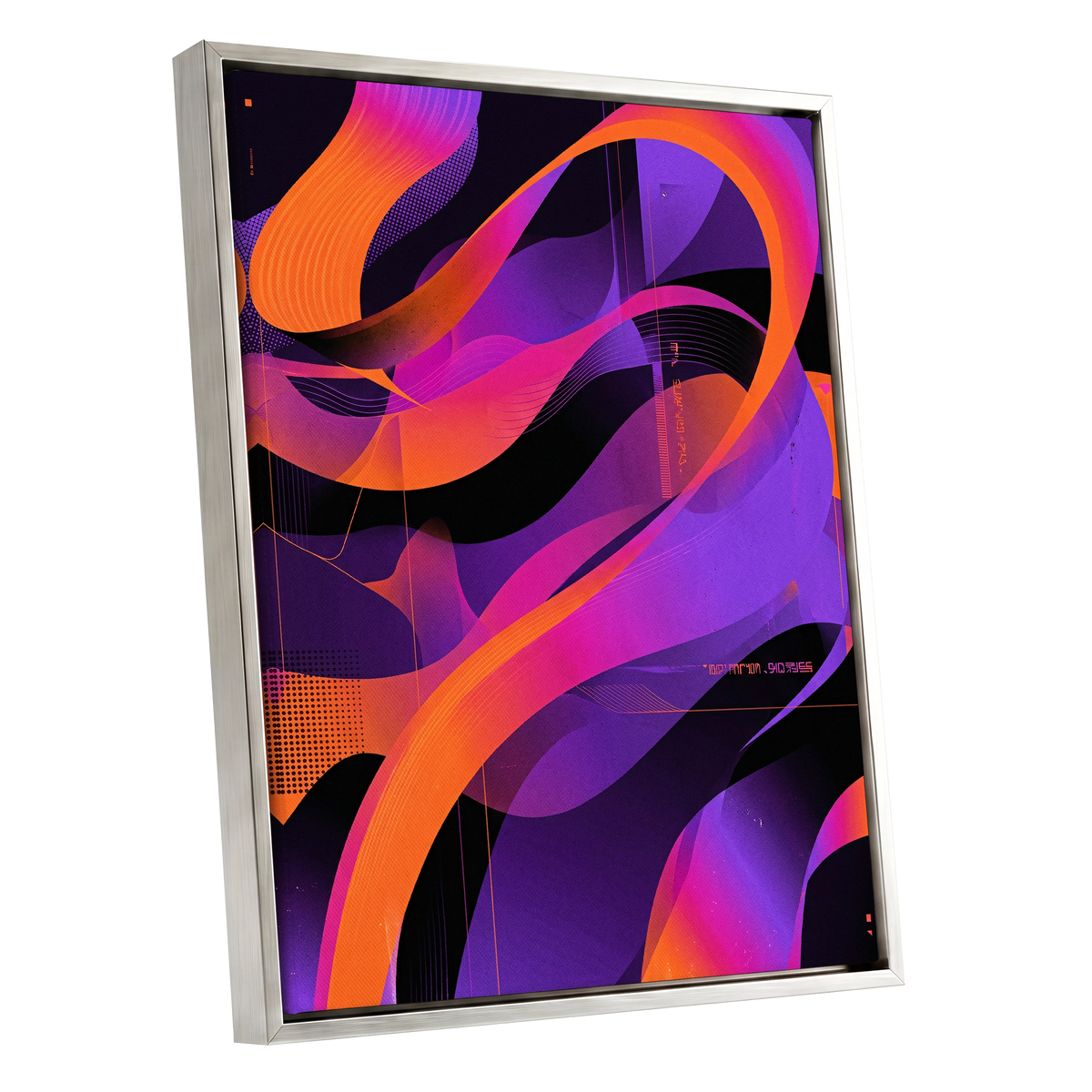 Neon Ribbon Drift, purple, orange, black abstract wall art shown as a silver framed canvas wall art