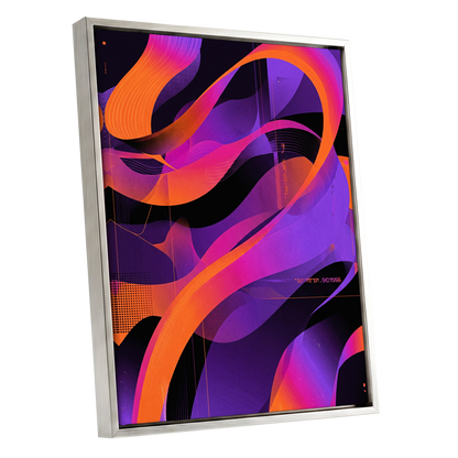 Neon Ribbon Drift, purple, orange, black abstract wall art shown as a silver framed canvas wall art