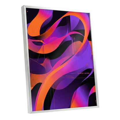 Neon Ribbon Drift, purple, orange, black abstract wall art shown as a silver framed poster wall art print