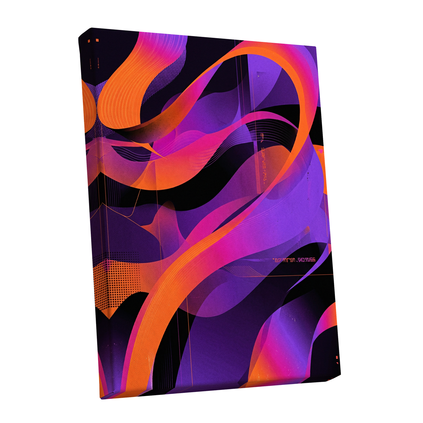Neon Ribbon Drift, purple, orange, black abstract wall art shown as a stretched canvas wall art