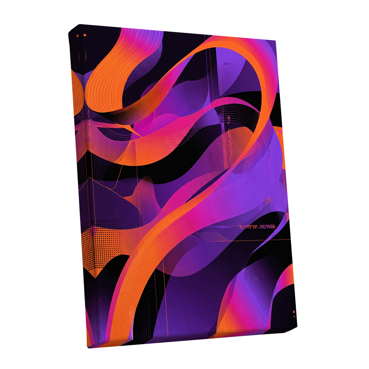 Neon Ribbon Drift, purple, orange, black abstract wall art shown as a stretched canvas wall art