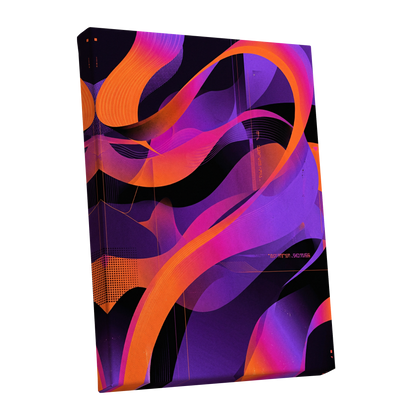 Neon Ribbon Drift, purple, orange, black abstract wall art shown as a stretched canvas wall art