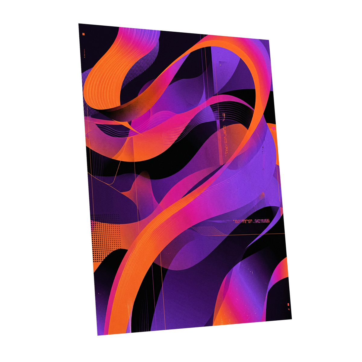 Neon Ribbon Drift, purple, orange, black abstract wall art shown as a unframed poster wall art print