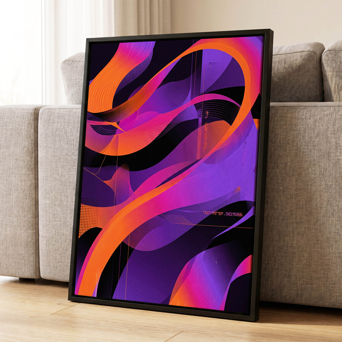 Neon Ribbon Drift, purple, orange, black abstract wall art displayed in a styled interior, gallery view 1
