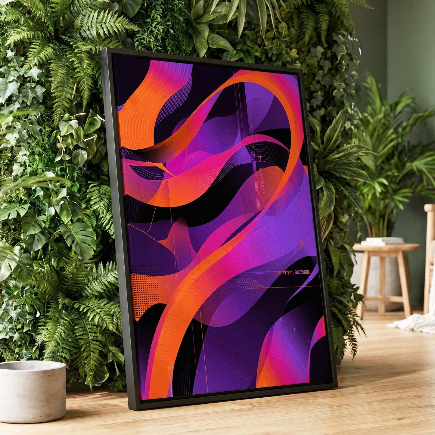 Neon Ribbon Drift, purple, orange, black abstract wall art displayed in a styled interior, gallery view 2
