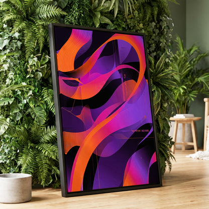 Neon Ribbon Drift, purple, orange, black abstract wall art displayed in a styled interior, gallery view 2