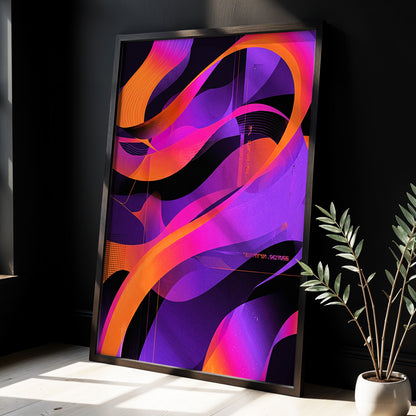 Neon Ribbon Drift, purple, orange, black abstract wall art displayed in a styled interior, gallery view 3