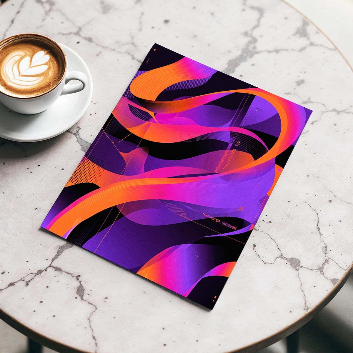Neon Ribbon Drift, purple, orange, black abstract wall art displayed in a styled interior, gallery view 4