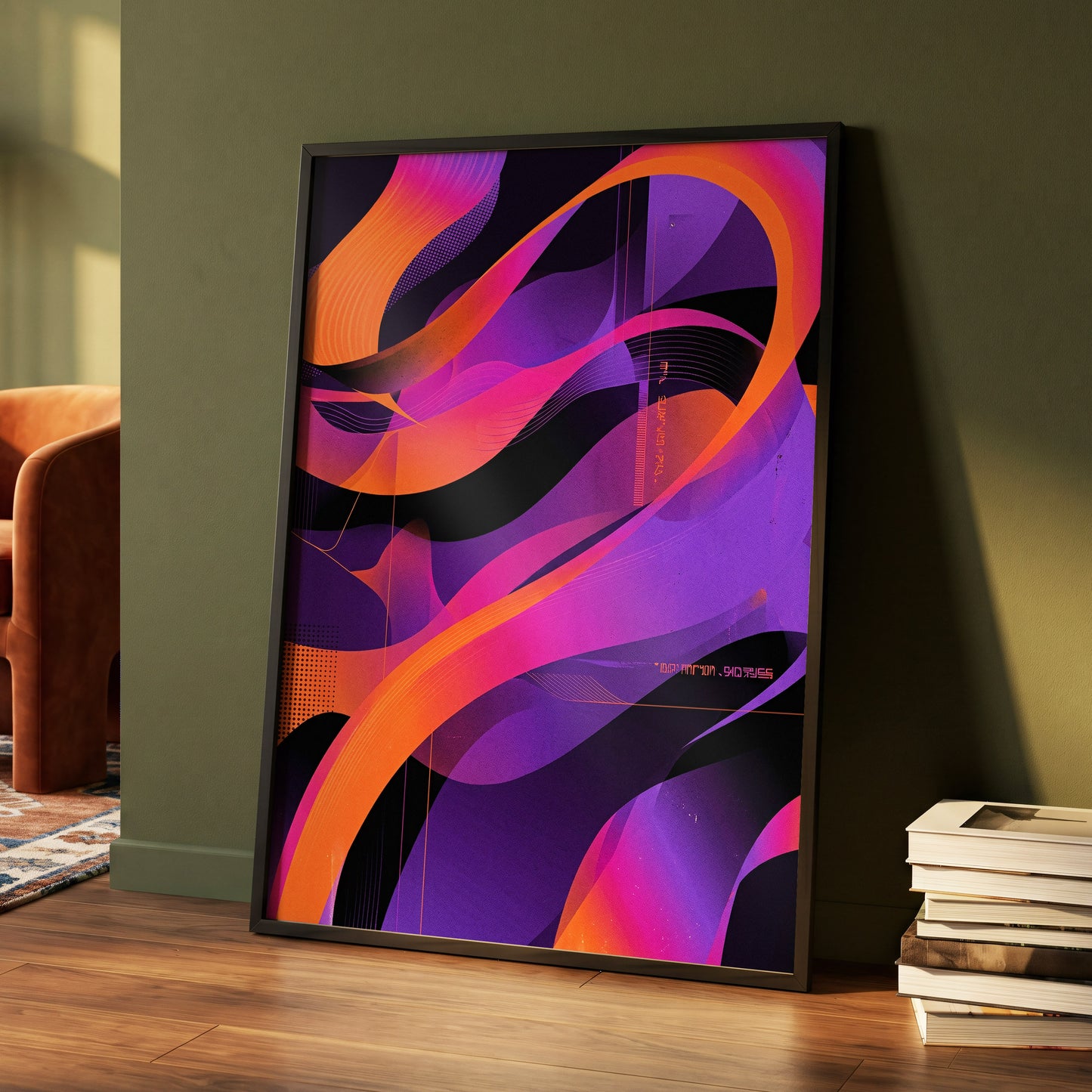 Neon Ribbon Drift, purple, orange, black abstract wall art displayed in a styled interior, gallery view 5
