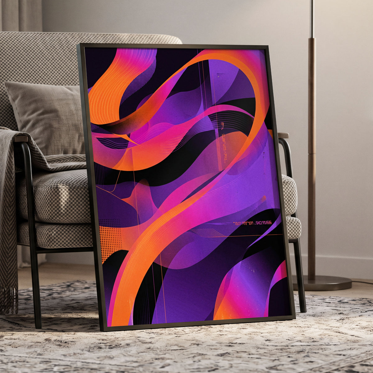 Neon Ribbon Drift, purple, orange, black abstract wall art displayed in a styled interior, gallery view 6
