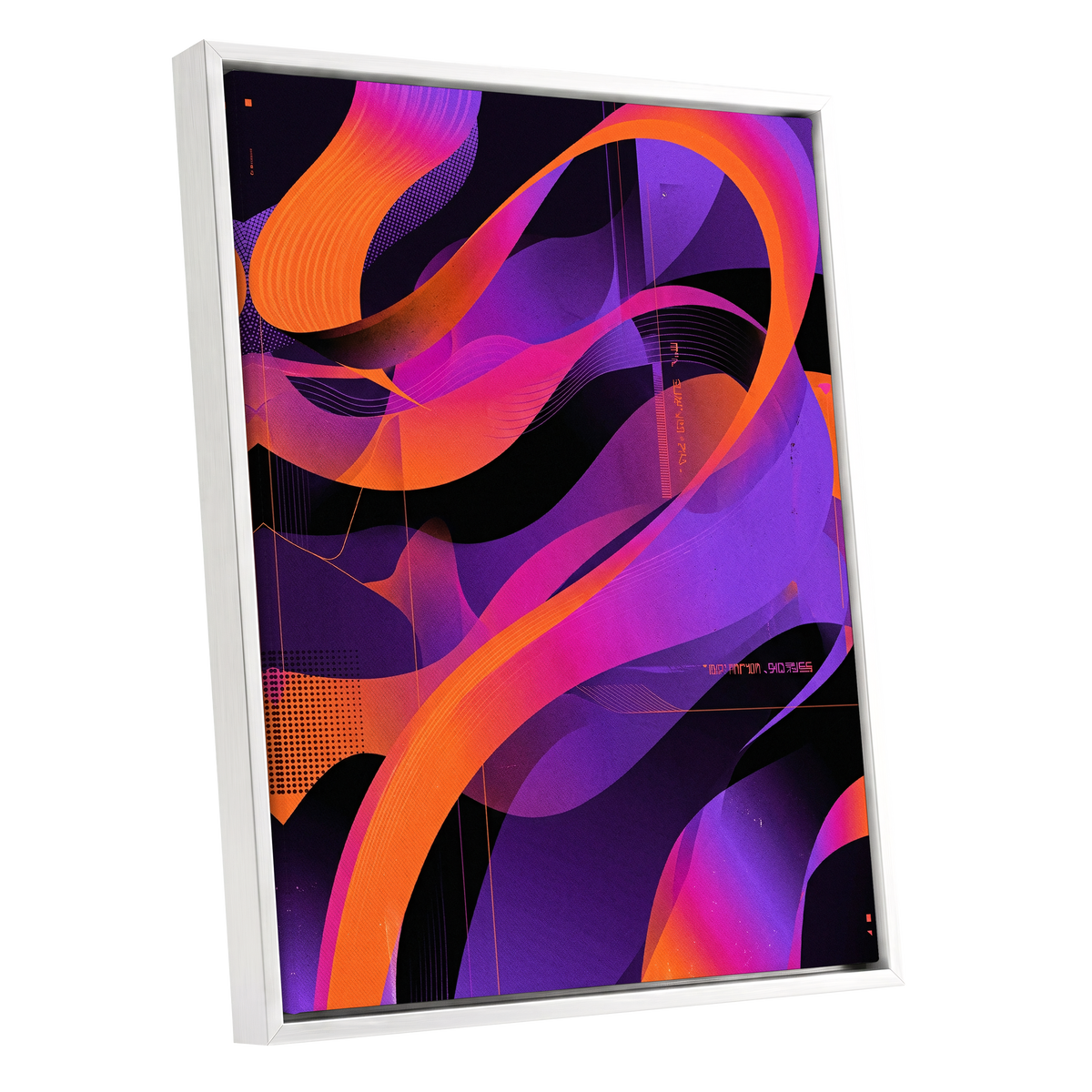 Neon Ribbon Drift, purple, orange, black abstract wall art shown as a white framed canvas wall art