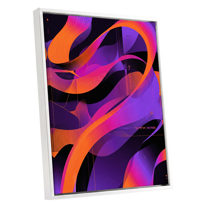 Neon Ribbon Drift, purple, orange, black abstract wall art shown as a white framed canvas wall art