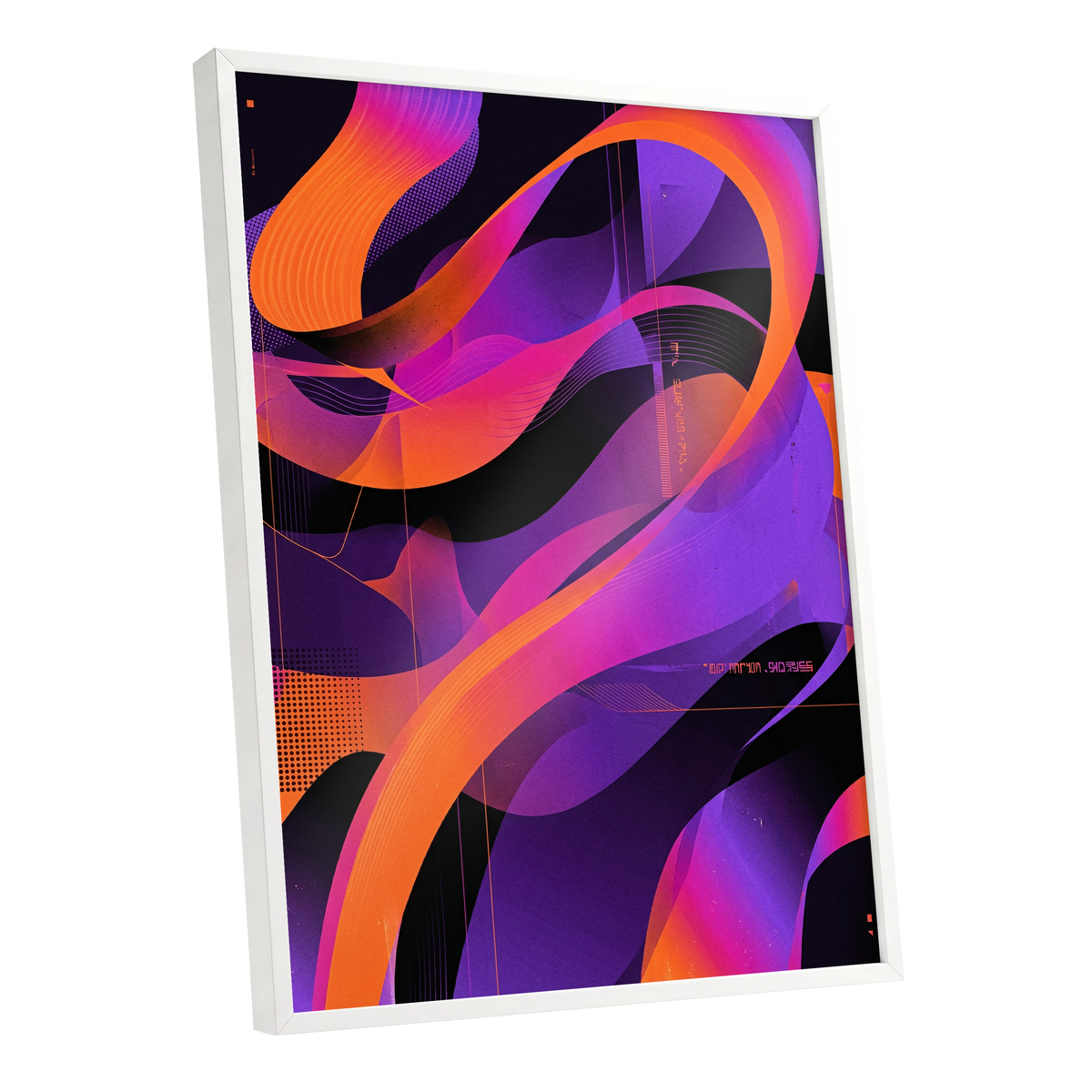 Neon Ribbon Drift, purple, orange, black abstract wall art shown as a white framed poster wall art print