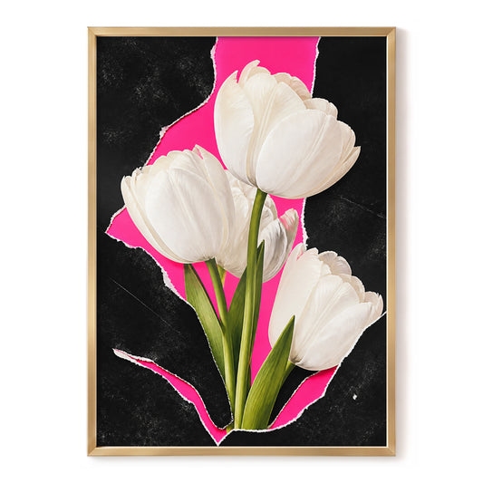 Neon Tulip Reveal, black, pink, white floral wall art, front artwork view