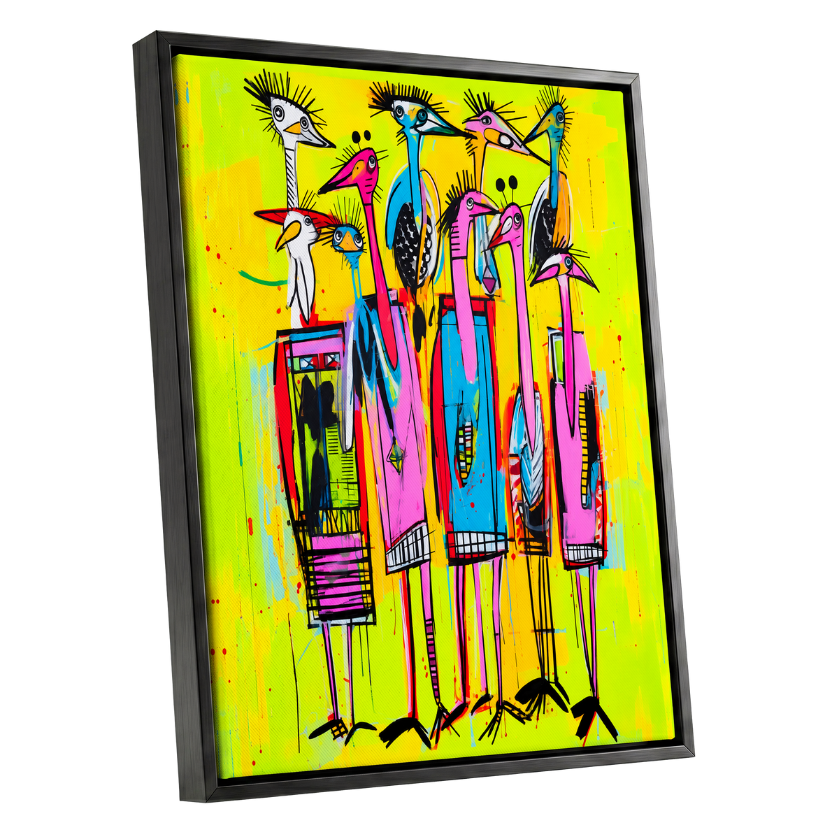 Neon Wading Birds, yellow, pink, blue nature wall art shown as a black framed canvas wall art
