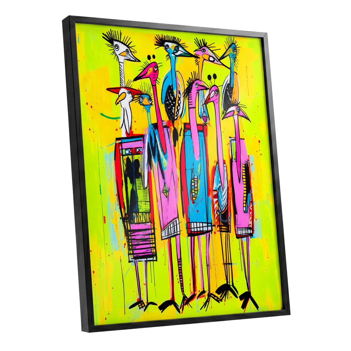 Neon Wading Birds, yellow, pink, blue nature wall art shown as a black framed poster wall art print
