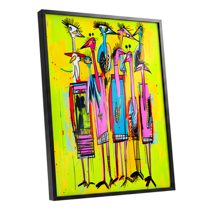 Neon Wading Birds, yellow, pink, blue nature wall art shown as a black framed poster wall art print