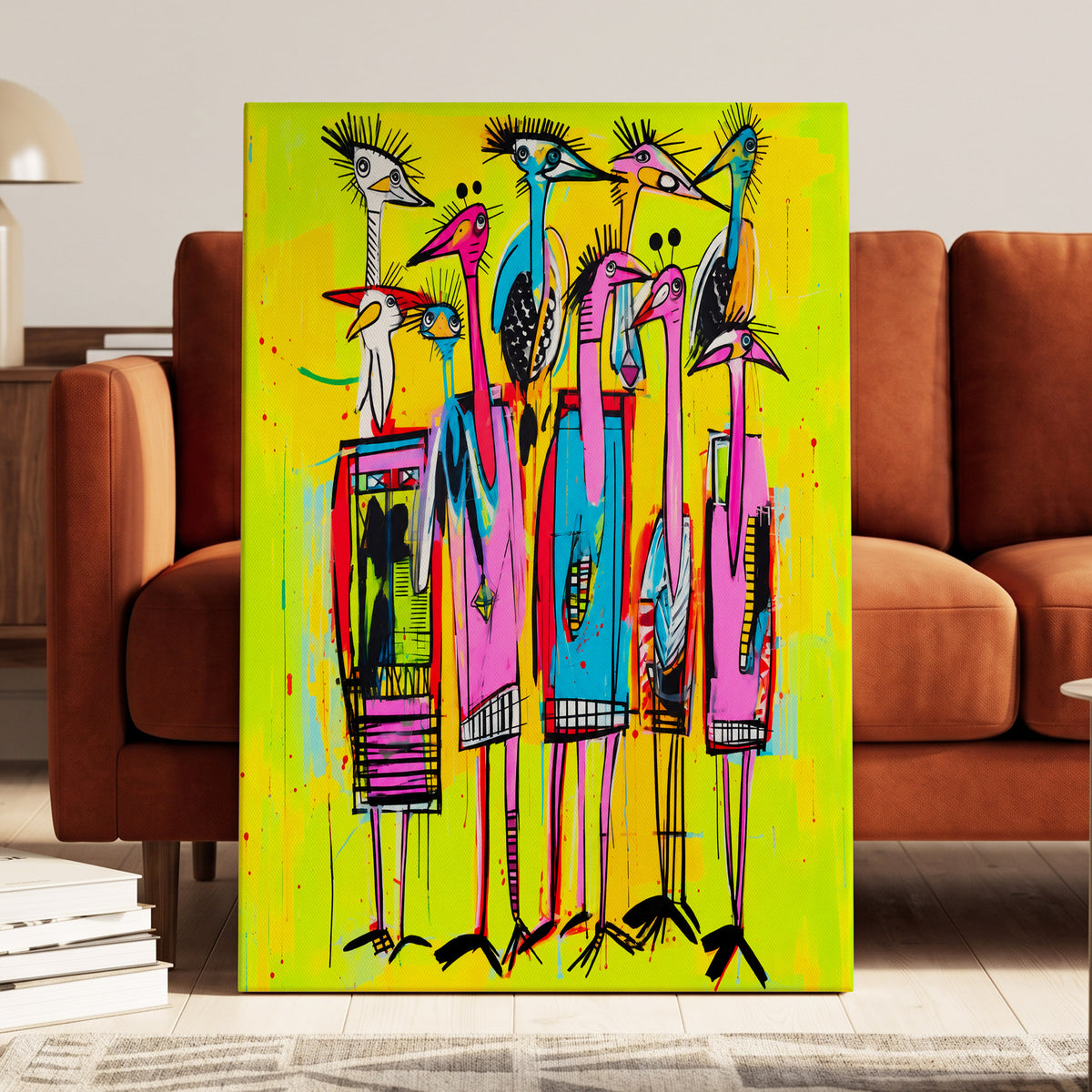 Neon Wading Birds, yellow, pink, blue nature wall art on canvas displayed in a styled interior, gallery view 1