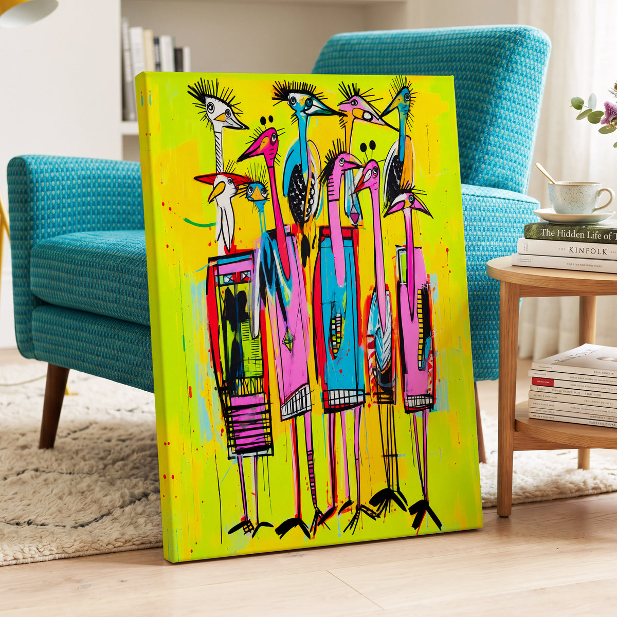 Neon Wading Birds, yellow, pink, blue nature wall art on canvas displayed in a styled interior, gallery view 2