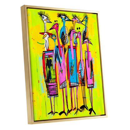 Neon Wading Birds, yellow, pink, blue nature wall art shown as a gold framed canvas wall art