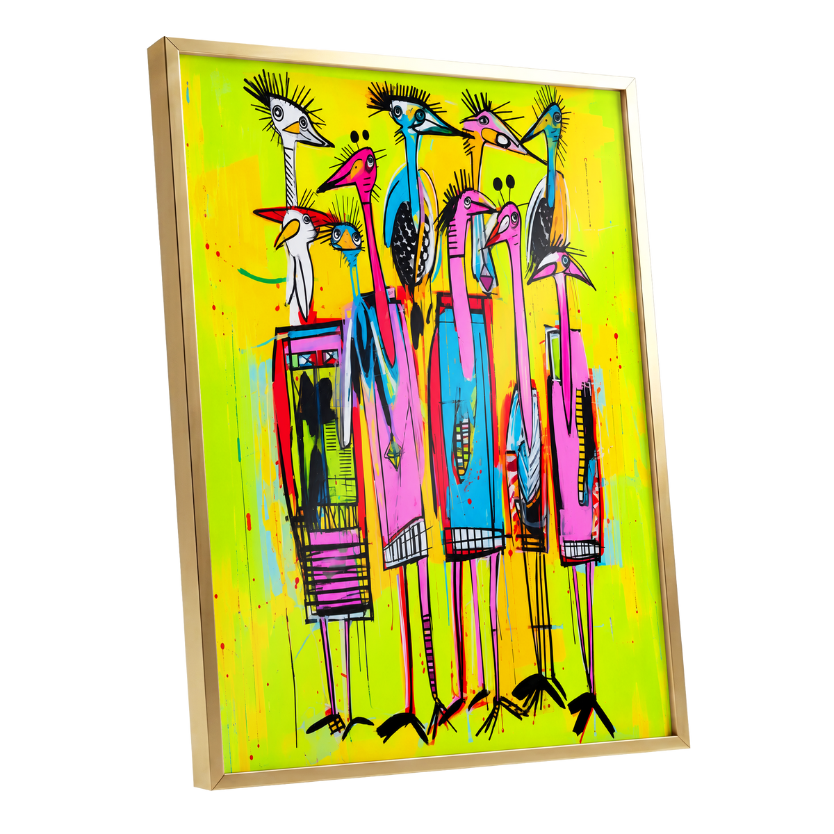 Neon Wading Birds, yellow, pink, blue nature wall art shown as a gold framed poster wall art print
