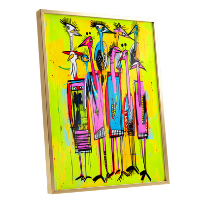Neon Wading Birds, yellow, pink, blue nature wall art shown as a gold framed poster wall art print