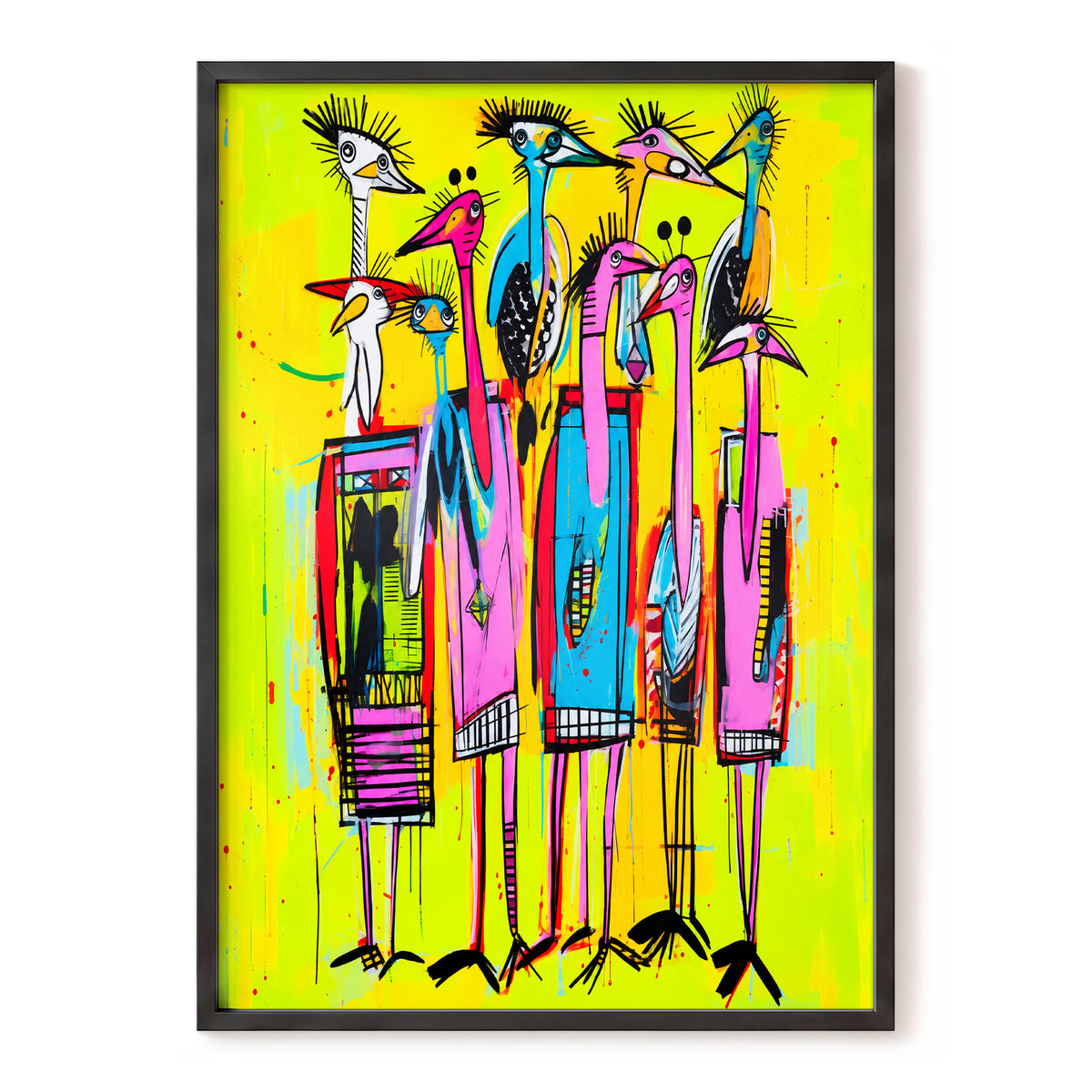 Neon Wading Birds, yellow, pink, blue nature wall art, front artwork view