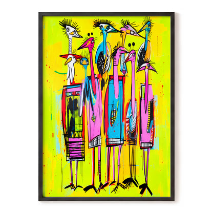 Neon Wading Birds, yellow, pink, blue nature wall art, front artwork view
