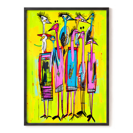 Neon Wading Birds, yellow, pink, blue nature wall art, front artwork view