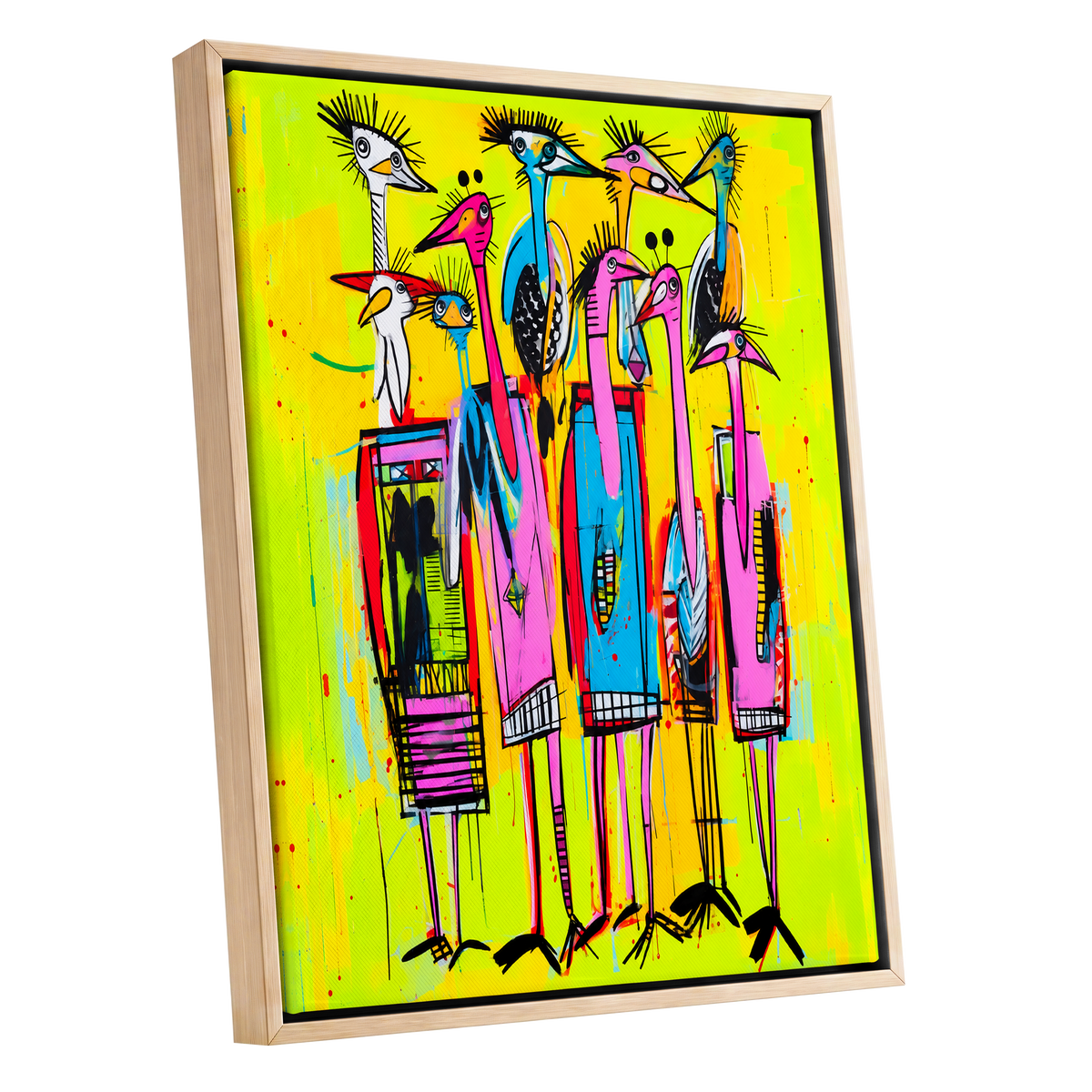 Neon Wading Birds, yellow, pink, blue nature wall art shown as a oak framed canvas wall art