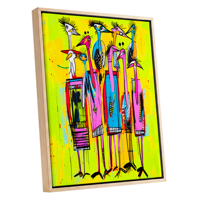 Neon Wading Birds, yellow, pink, blue nature wall art shown as a oak framed canvas wall art